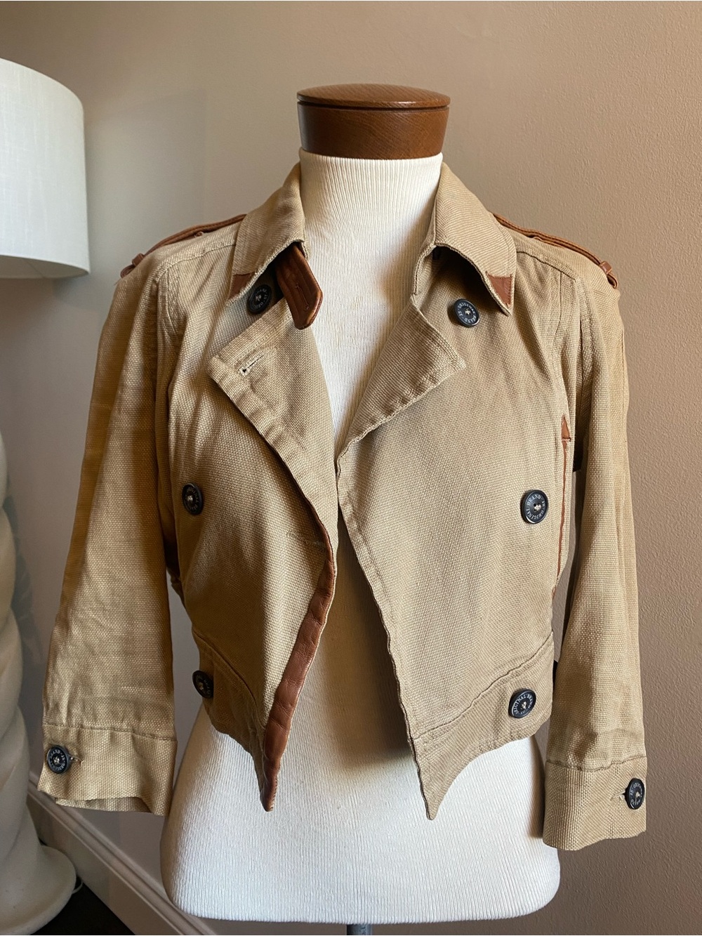 Cropped Tan Trench Coat with Contrast Trim
